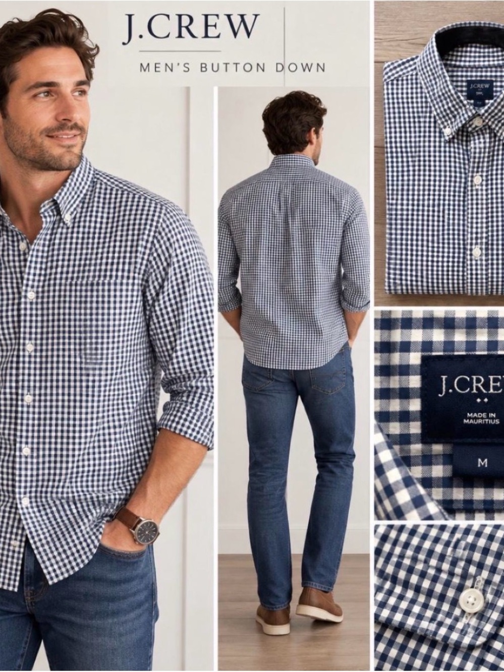 J. Crew Navy and White Gingham Men's Button-Down Shirt